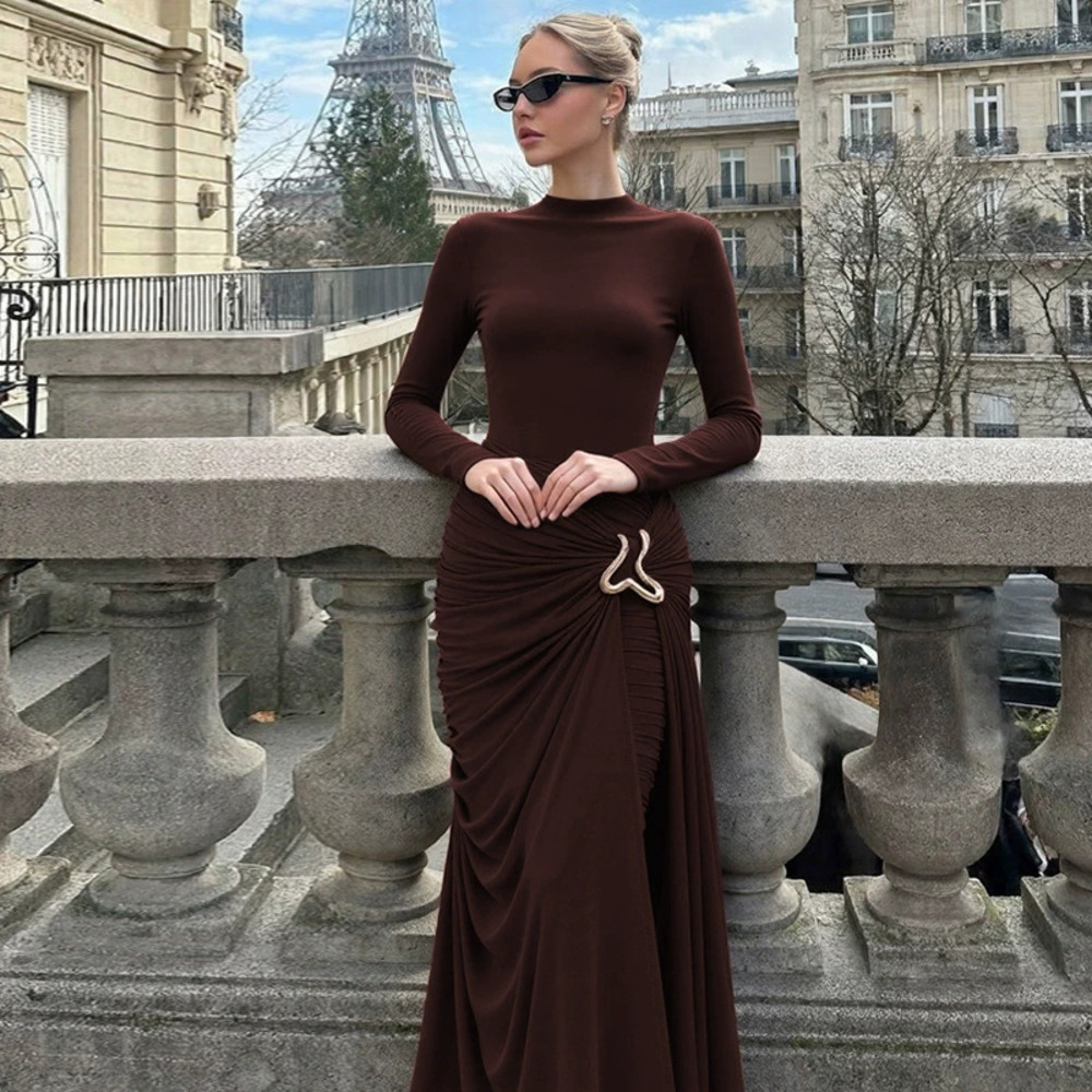 Zara Winter Solid Long Sleeve Round Neck Metal Decor Pleated Bodycon Dress